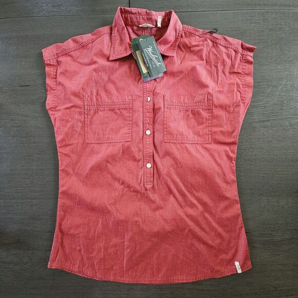 NWT Woolrich Womens Red Relaxed Fit Chambray Shirt Sm Short Sleeve 3/4 Buttons - Picture 1 of 9